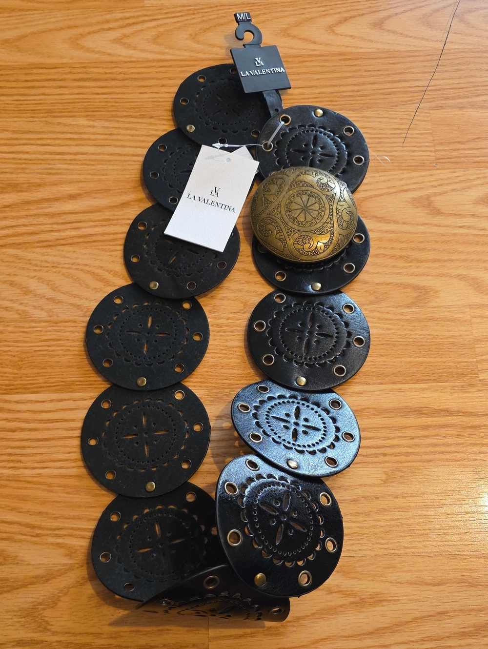 La Valentina Black Leather Disk Belt with Brass Medallion Accent